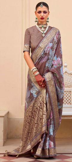 Beige and Brown color Saree in Silk fabric with Floral, Printed, Weaving work