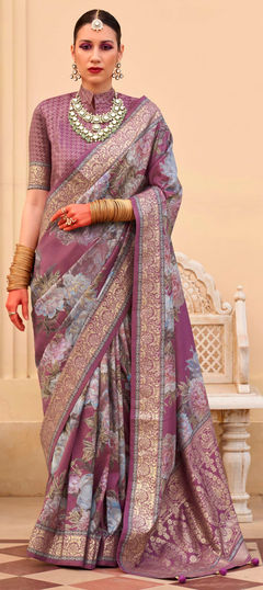 Pink and Majenta color Saree in Silk fabric with Floral, Printed, Weaving work