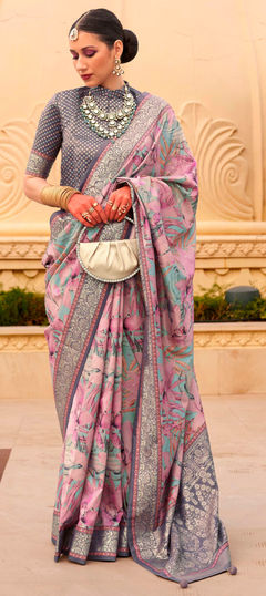 Pink and Majenta color Saree in Silk fabric with Floral, Printed, Weaving work