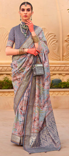 Pink and Majenta color Saree in Silk fabric with Floral, Printed, Weaving work