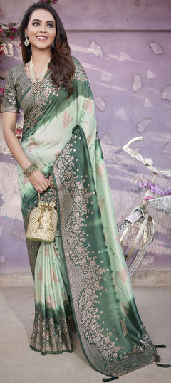 Festive, Reception Green color Saree in Viscose fabric with Classic Printed, Tye n Dye, Weaving work : 1960250