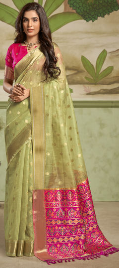Green color Saree in Silk cotton fabric with Weaving, Zari work