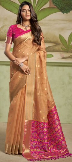 Beige and Brown color Saree in Silk cotton fabric with Weaving, Zari work