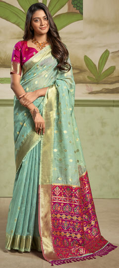 Blue color Saree in Silk cotton fabric with Weaving, Zari work