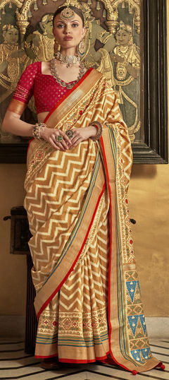 Beige and Brown color Saree in Art Silk fabric with Printed, Weaving work