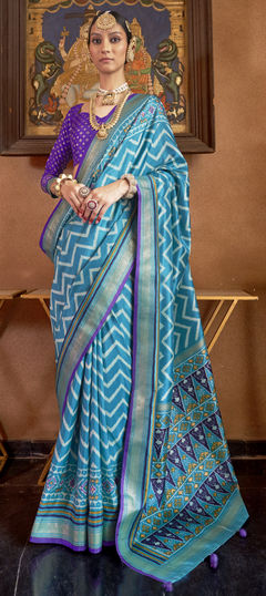 Blue color Saree in Art Silk fabric with Printed, Weaving work