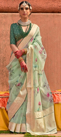 Green color Saree in Organza Silk fabric with Bugle Beads, Floral, Printed, Weaving work