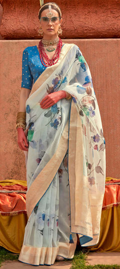 White and Off White color Saree in Organza Silk fabric with Bugle Beads, Floral, Printed, Weaving work