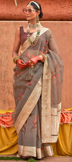 Black and Grey color Saree in Organza Silk fabric with Bugle Beads, Floral, Printed, Weaving work