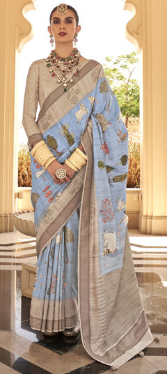 Beige and Brown, Black and Grey color Saree in Silk fabric with Floral, Printed work