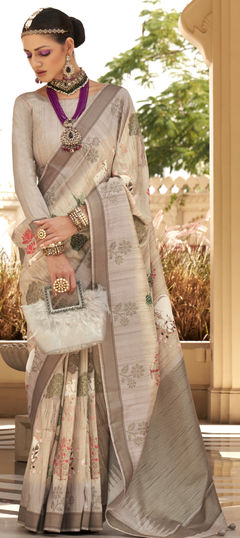 Beige and Brown color Saree in Silk fabric with Floral, Printed work