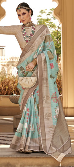 Blue color Saree in Silk fabric with Floral, Printed work