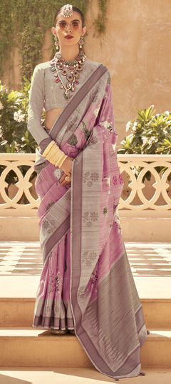 Pink and Majenta color Saree in Silk fabric with Floral, Printed work