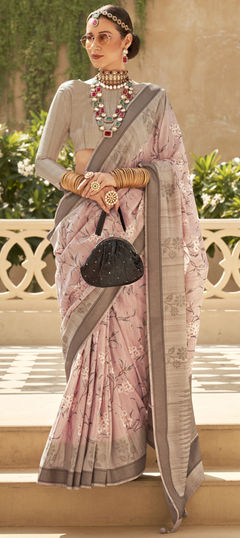 Pink and Majenta color Saree in Silk fabric with Floral, Printed work