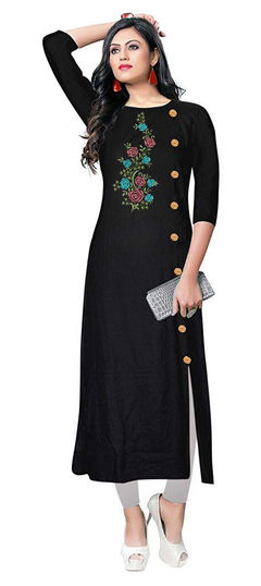 Black and Grey color Salwar Kameez in Rayon fabric with Embroidered work