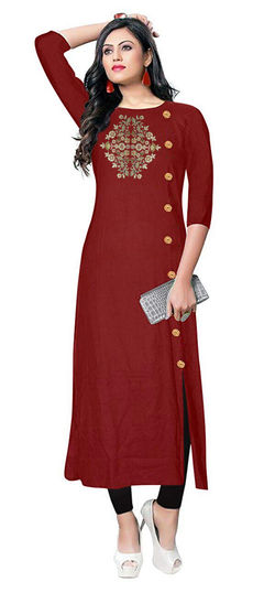 Red and Maroon color Salwar Kameez in Rayon fabric with Embroidered work