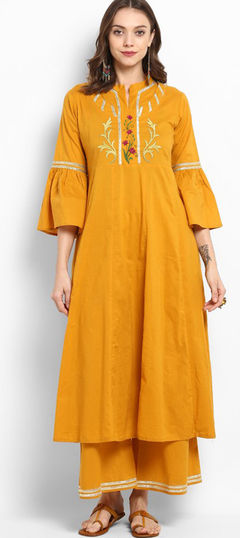 Yellow color Salwar Kameez in Rayon fabric with Embroidered work