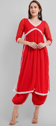 Red and Maroon color Salwar Kameez in Georgette fabric with Lace work