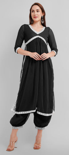 Black and Grey color Salwar Kameez in Georgette fabric with Lace work