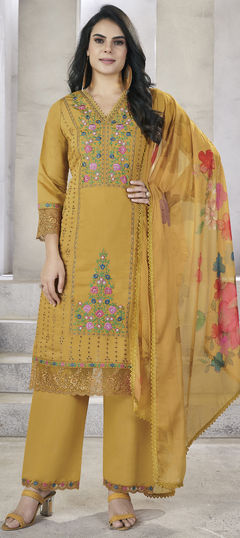 Yellow color Salwar Kameez in Viscose fabric with Embroidered, Resham, Thread work