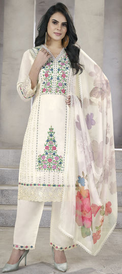White and Off White color Salwar Kameez in Viscose fabric with Embroidered, Resham, Thread work