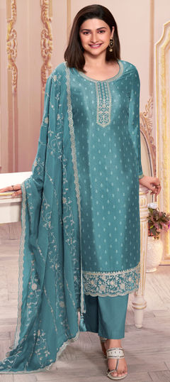 Blue color Salwar Kameez in Georgette fabric with Embroidered, Printed, Sequence, Thread work