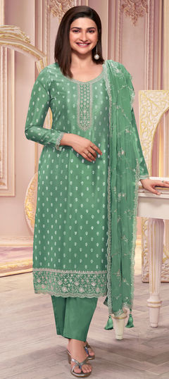 Green color Salwar Kameez in Georgette fabric with Embroidered, Printed, Sequence, Thread work