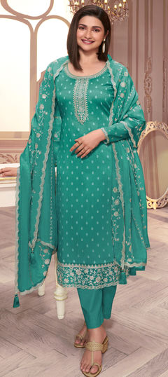 Green color Salwar Kameez in Georgette fabric with Embroidered, Printed, Sequence, Thread work