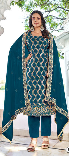 Blue color Salwar Kameez in Art Silk fabric with Embroidered, Stone, Swarovski, Thread work