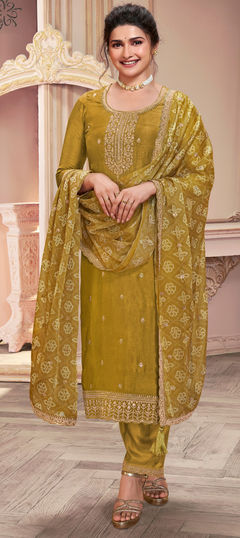 Gold color Salwar Kameez in Georgette fabric with Embroidered, Thread, Zari work