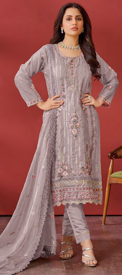 Purple and Violet color Salwar Kameez in Organza Silk fabric with Embroidered, Resham, Sequence, Thread work