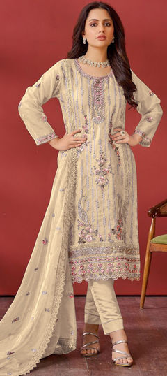 Beige and Brown color Salwar Kameez in Organza Silk fabric with Embroidered, Resham, Sequence, Thread work
