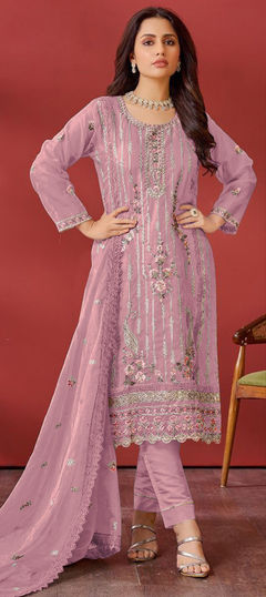 Pink and Majenta color Salwar Kameez in Organza Silk fabric with Embroidered, Resham, Sequence, Thread work