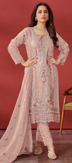 Pink and Majenta color Salwar Kameez in Organza Silk fabric with Embroidered, Resham, Sequence, Thread work