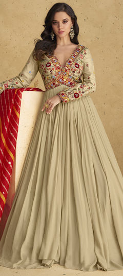 Engagement, Festive, Reception Beige and Brown color Gown in Georgette, Silk fabric with Embroidered, Resham, Sequence, Thread work : 1960361