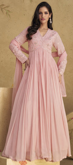 Engagement, Festive, Reception Pink and Majenta color Gown in Georgette, Silk fabric with Embroidered, Resham, Sequence, Thread work : 1960363