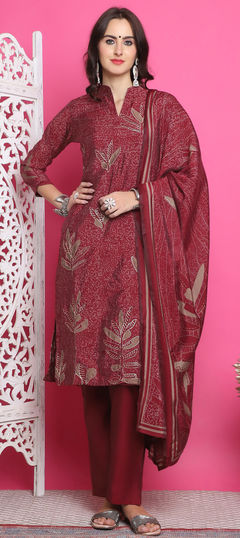 Red and Maroon color Salwar Kameez in Muslin fabric with Floral, Zari work