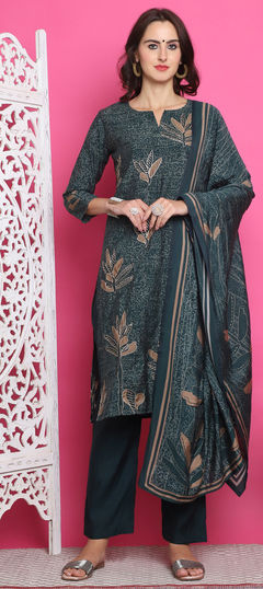 Green color Salwar Kameez in Muslin fabric with Floral, Zari work