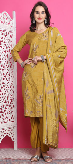 Yellow color Salwar Kameez in Muslin fabric with Floral, Zari work