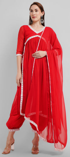 Red and Maroon color Salwar Kameez in Georgette fabric with Lace work