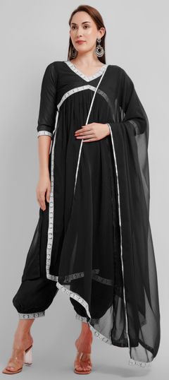 Black and Grey color Salwar Kameez in Georgette fabric with Lace work