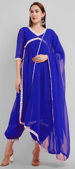Blue color Salwar Kameez in Georgette fabric with Lace work