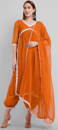 Orange color Salwar Kameez in Georgette fabric with Lace work