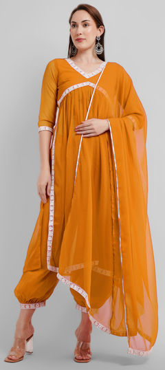 Yellow color Salwar Kameez in Georgette fabric with Lace work