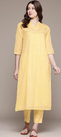 Festive, Reception Yellow color Salwar Kameez in Cotton fabric with A Line Embroidered, Resham, Sequence, Thread work : 1960531