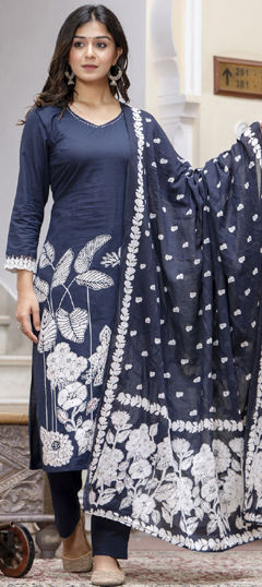 Festive, Reception, Summer Blue color Salwar Kameez in Cotton fabric with Straight Printed, Sequence, Thread work : 1960539