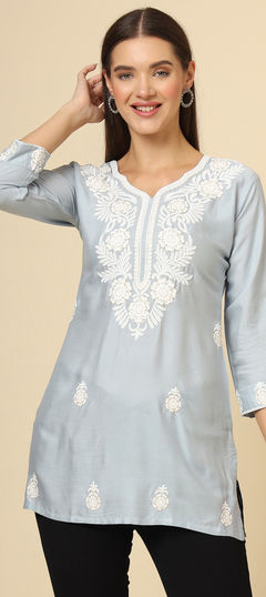 Black and Grey color Kurti in Rayon fabric with Embroidered, Thread work