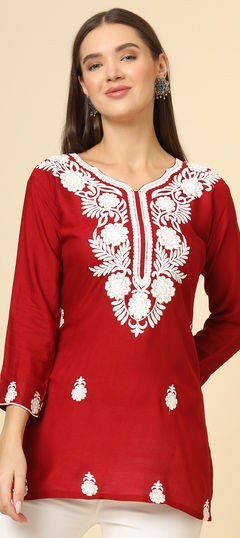 Red and Maroon color Kurti in Rayon fabric with Embroidered, Thread work