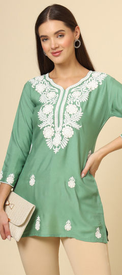 Green color Kurti in Rayon fabric with Embroidered, Thread work