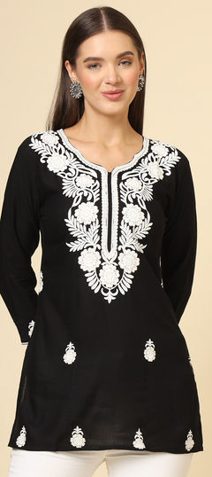 Black and Grey color Kurti in Rayon fabric with Embroidered, Thread work